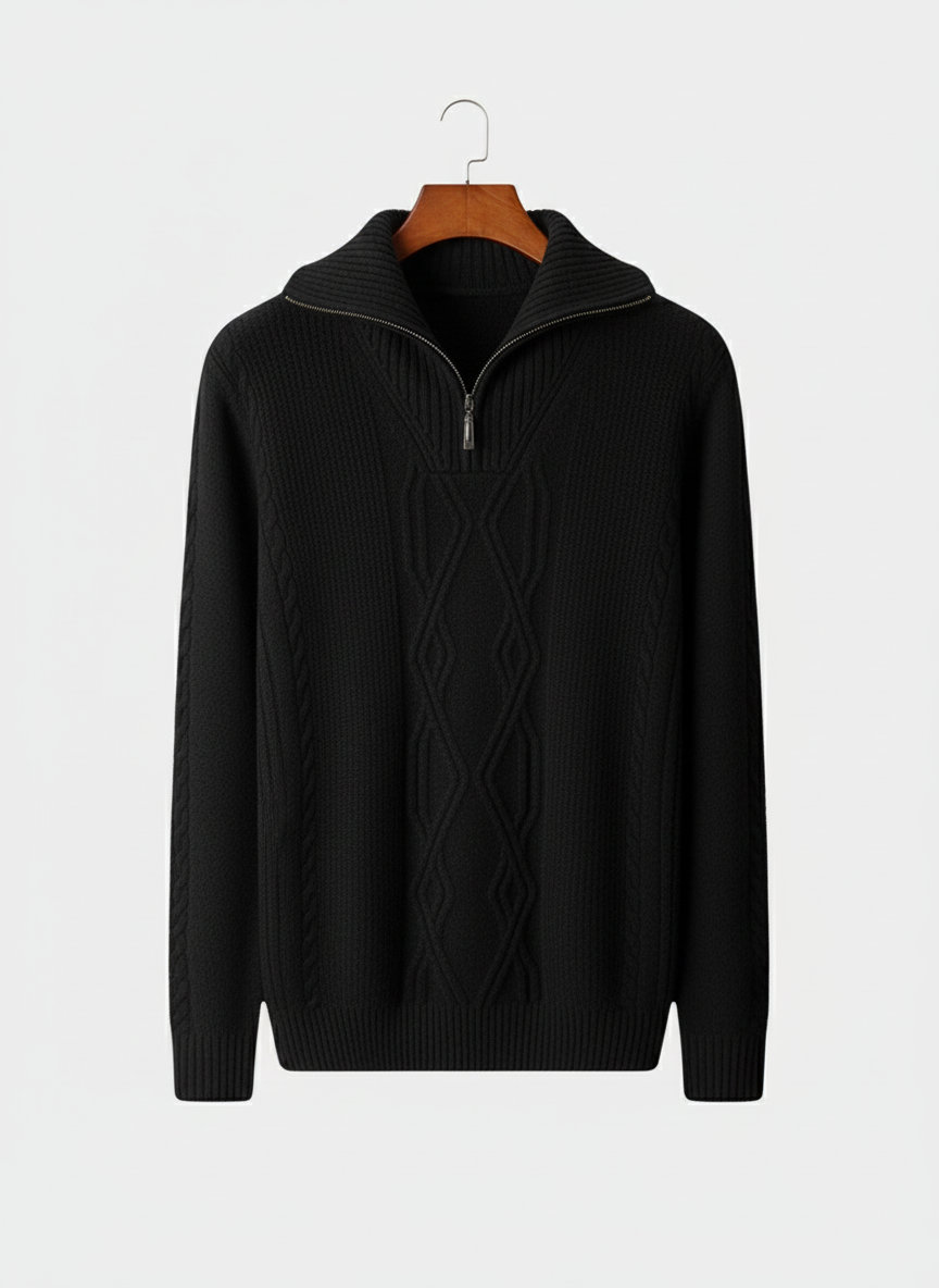 Men's cable knit half-zip sweater in classic design, perfect for year-round smart casual style & layering.