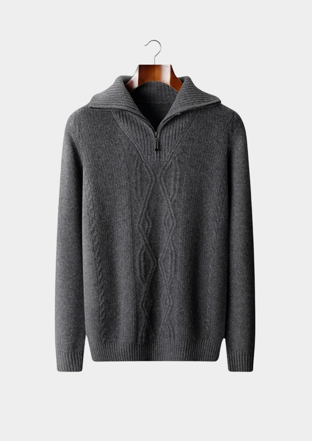 Classic men's half-zip cable knit sweater, a versatile pullover with a fold collar for various smart casual looks.