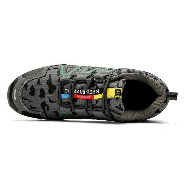 Green camo pattern men's sneakers, offering superior orthopedic support and cushioned pain relief.
