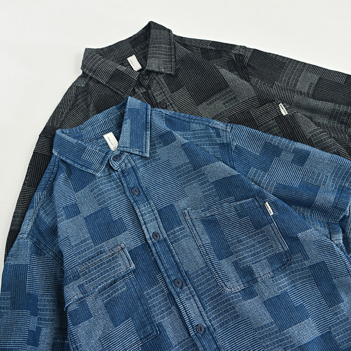 Versatile men's blue & black denim shirt, long sleeve, button-up, relaxed fit, for casual style.