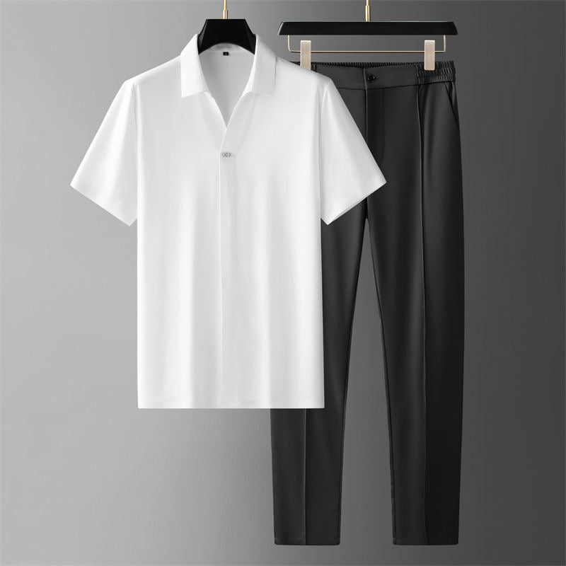 Men's casual business outfit set; comfortable two-piece office wear. Stylish pants and shirt combo for daily comfort.