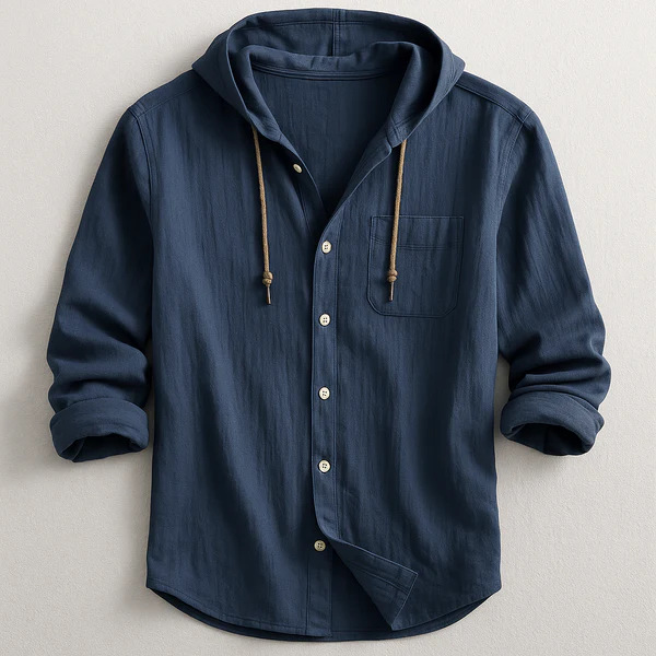 Men's casual hooded button-up shirt with chest pocket, long sleeves, and relaxed fit for everyday style.