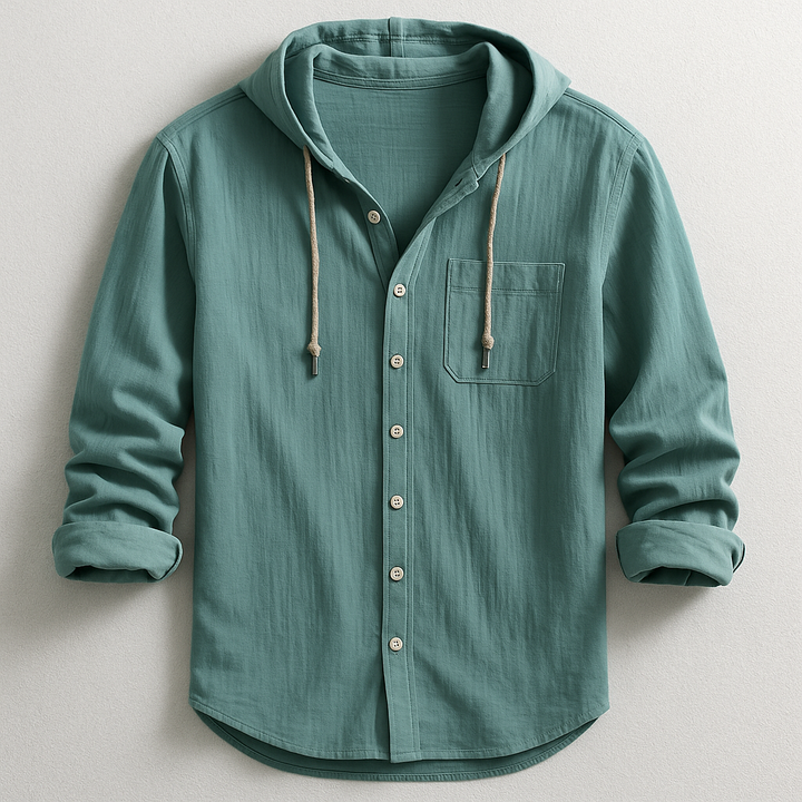 Versatile men's hooded button-up shirt, perfect for spring/summer casual layering. Features chest pocket.