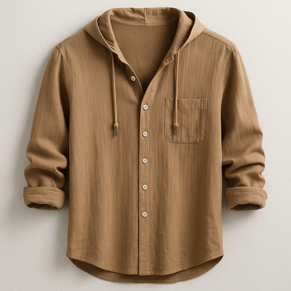 Relaxed fit men's long sleeve hooded shirt, great for casual wear. Button-up front with a stylish chest pocket.