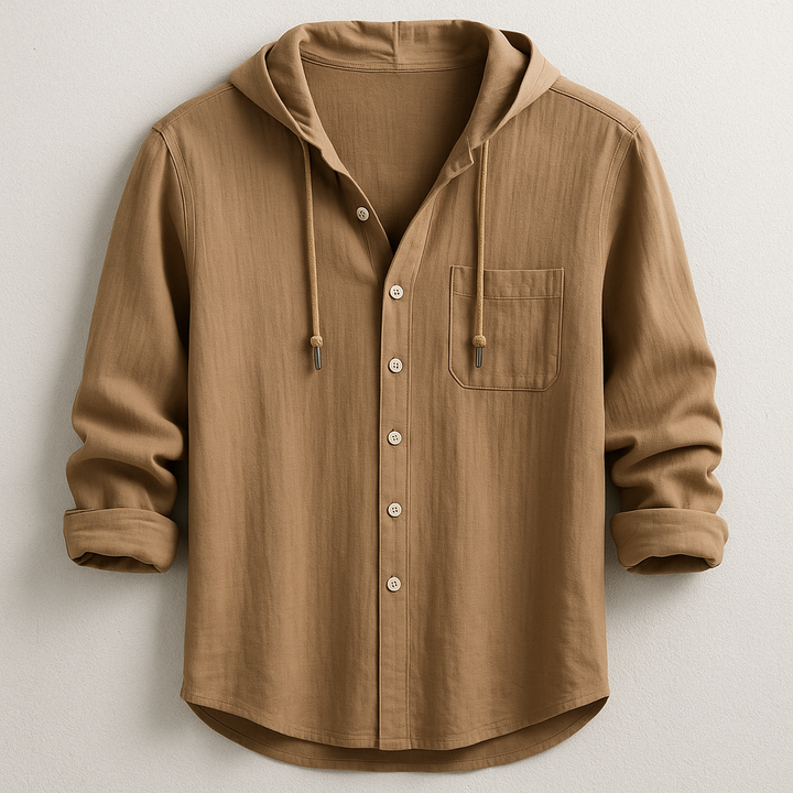 Relaxed fit men's long sleeve hooded shirt, great for casual wear. Button-up front with a stylish chest pocket.