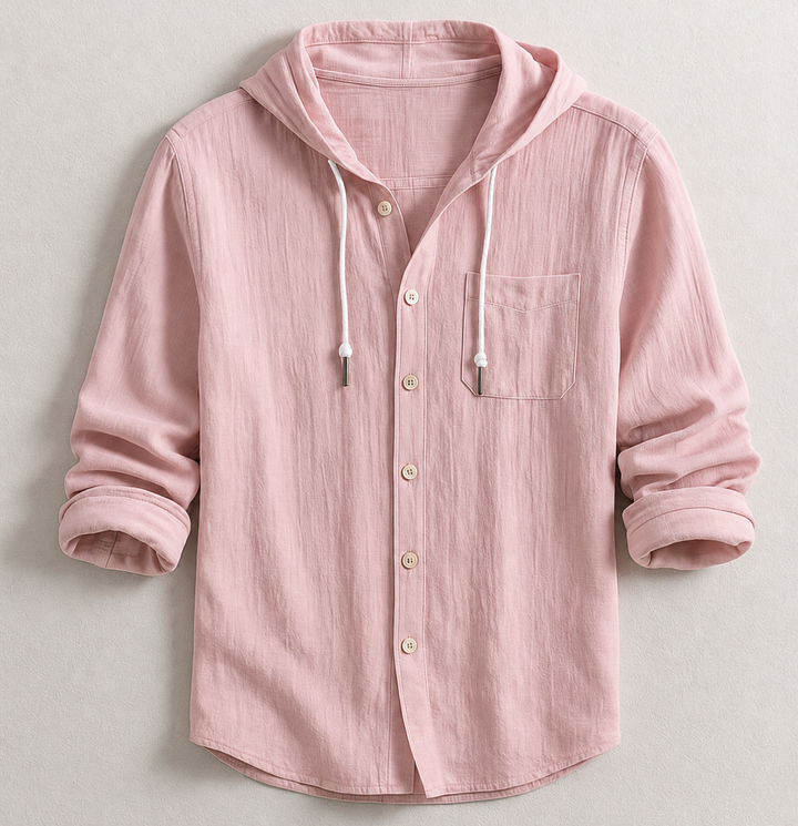Men's button-up hooded shirt in a casual style with a practical chest pocket. Ideal for daily fashion.