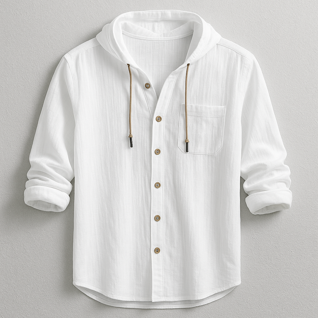 Stylish men's casual hooded button-up shirt, featuring a modern design & a chest pocket. Perfect for men's fashion.