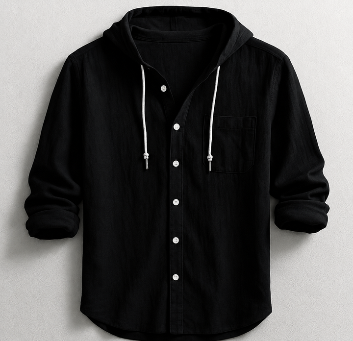 Long sleeve men's hooded button-up shirt, casual style, with a functional chest pocket. Great for spring outfits.