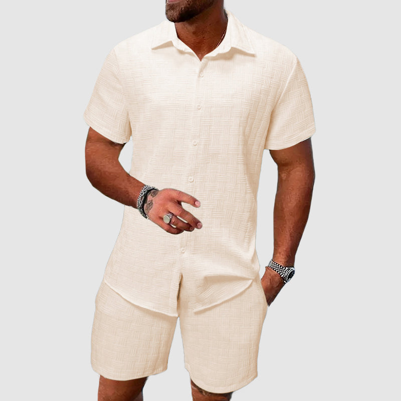 Men's casual linen blend short sleeve shirt & shorts set, perfect for summer beachwear & vacation. Breathable fabric.
