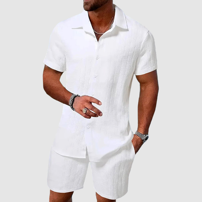Comfortable men's linen blend shorts set with short sleeve shirt & elastic waist shorts. Ideal for resort wear.