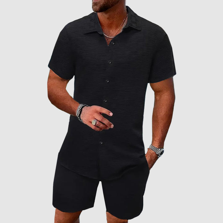 Breathable men's linen blend short sleeve shirt & shorts set. Versatile casual outfit for summer, beach, or resort.