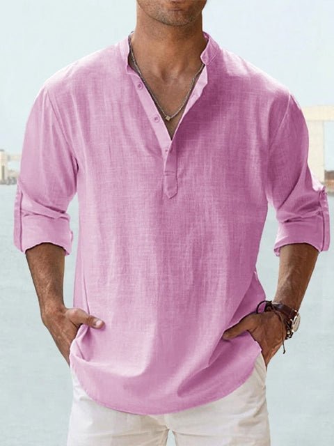 Fashionable men's henley top with a unique mandarin collar, designed for casual comfort & style.