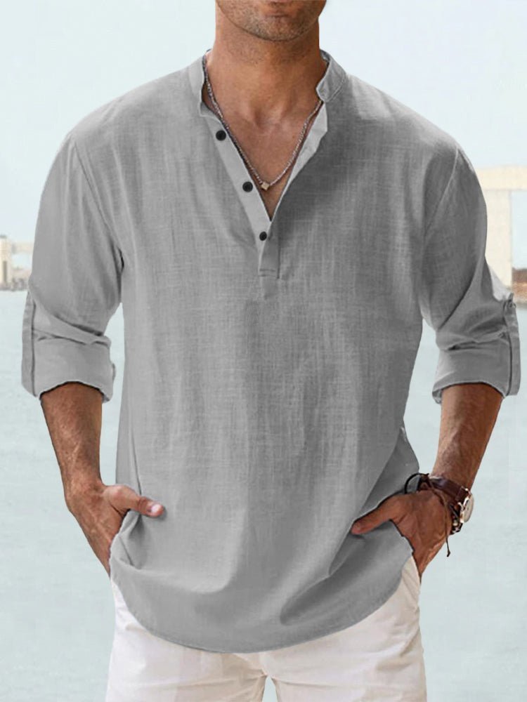 Relaxed fit men's casual shirt with a distinctive mandarin collar and comfortable long sleeves.