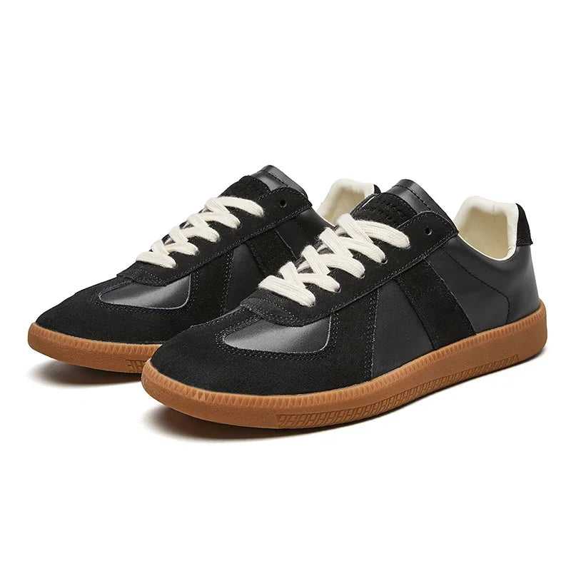 Black men's lace-up low top sneakers, stylish & comfortable for casual everyday wear.