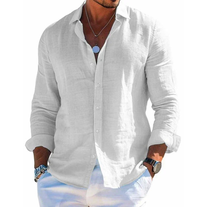 Close-up of a versatile men's button-up shirt, featuring short sleeves and soft fabric, ideal for casual summer outfits.