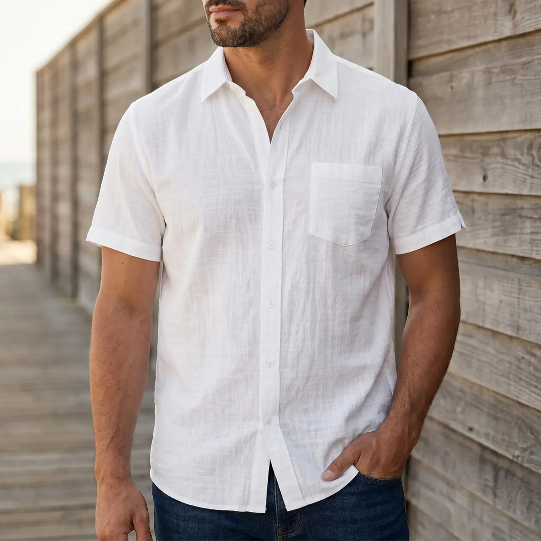 Men's casual short sleeve button-down shirt. Relaxed fit for summer fashion, warm weather, and everyday wear.