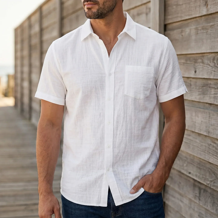 Men's casual short sleeve button-down shirt. Relaxed fit for summer fashion, warm weather, and everyday wear.