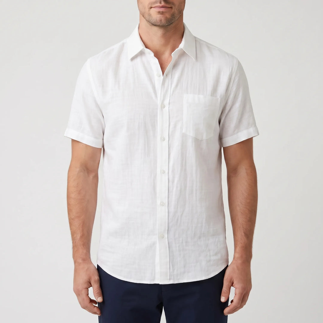 Men's summer short sleeve button-down shirt. Casual style, relaxed fit, perfect for warm weather fashion.