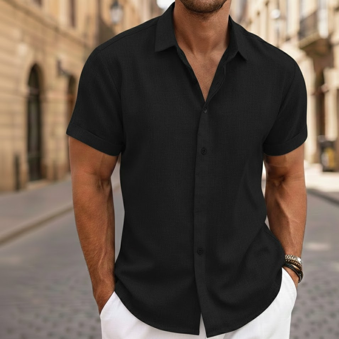 Versatile men's casual button-front short sleeve polo, ideal for warm weather.