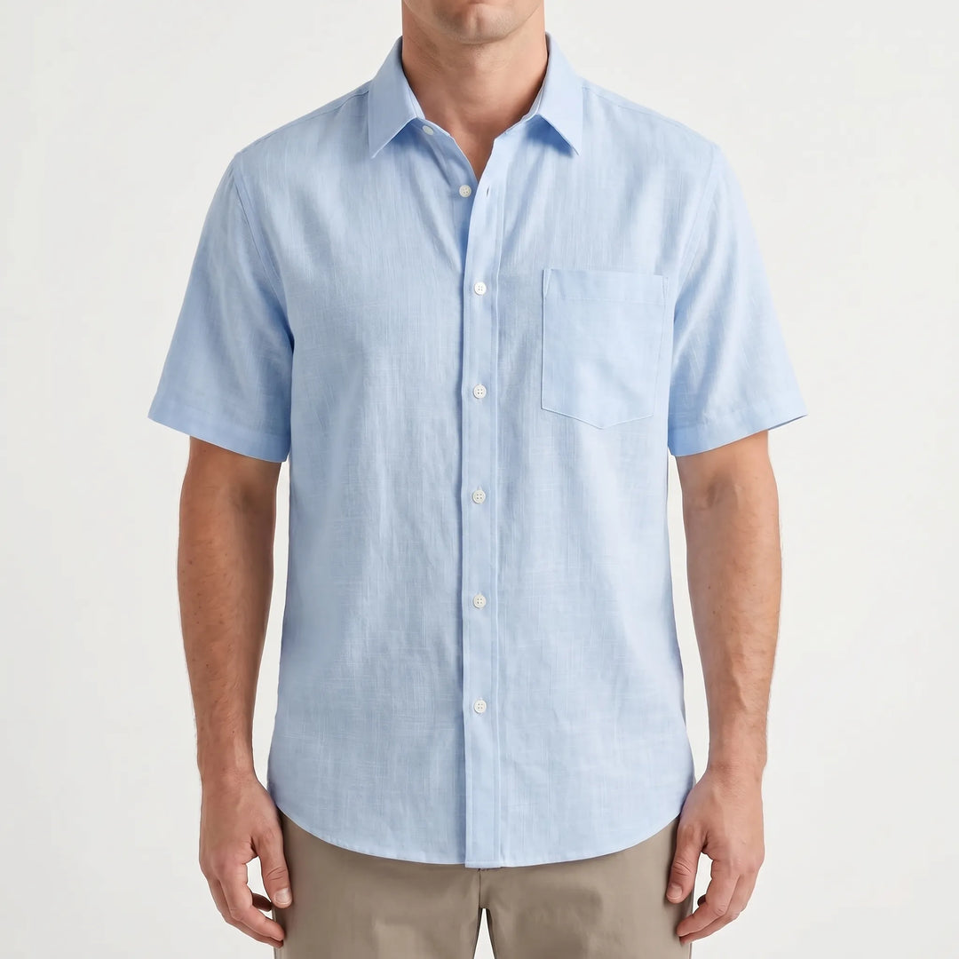 Front view of a solid color men's short-sleeve button-up shirt. Casual and comfortable for summer activities.