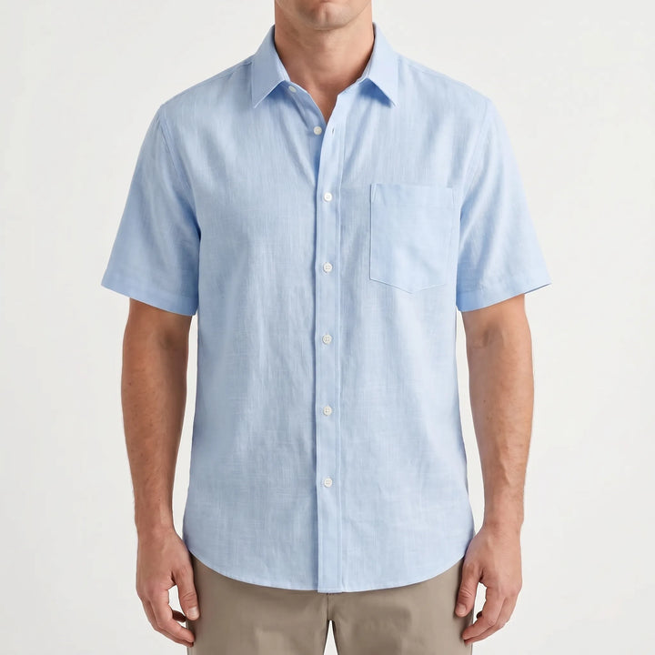 Front view of a solid color men's short-sleeve button-up shirt. Casual and comfortable for summer activities.