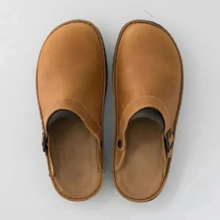 Stylish men's slip-on mules featuring a secure heel strap for ultimate comfort and casual versatility.