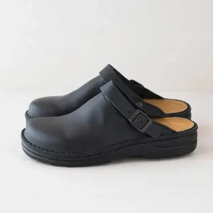 All-season men's casual slip-on mules, designed with a secure heel strap for superior comfort and easy wear.