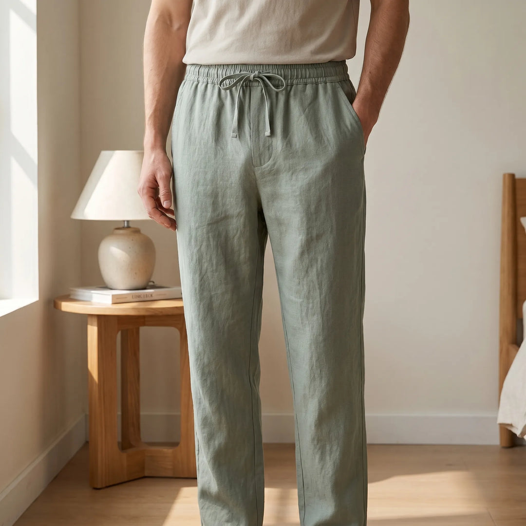 Men's casual straight-leg summer pants with elastic waist and drawstring for a relaxed, warm-weather fit.