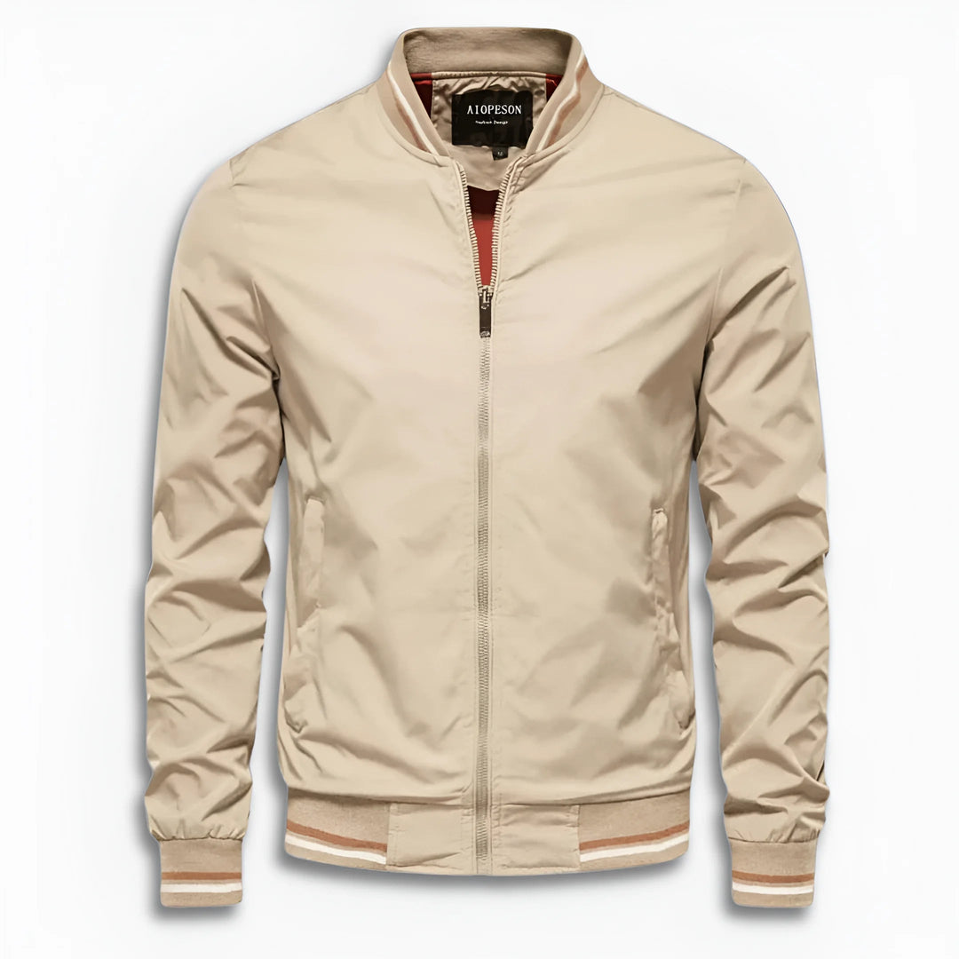 Versatile men's outerwear: a lightweight water-repellent transition jacket with a sleek stand-up collar.