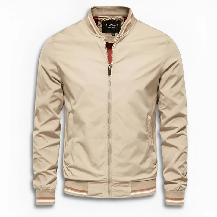 Versatile men's outerwear: a lightweight water-repellent transition jacket with a sleek stand-up collar.