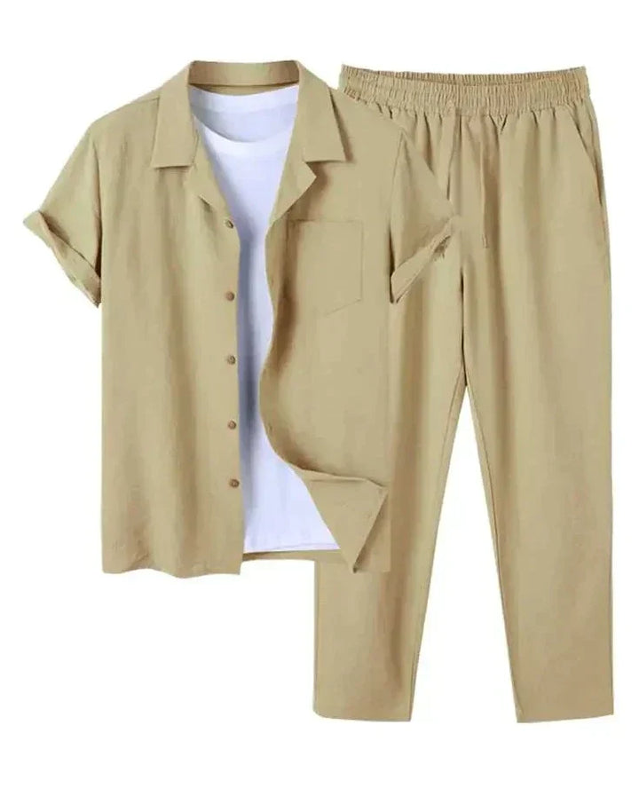 Men's casual two-piece short sleeve shirt & pants set, ideal for summer, vacation, resort, or beachwear.