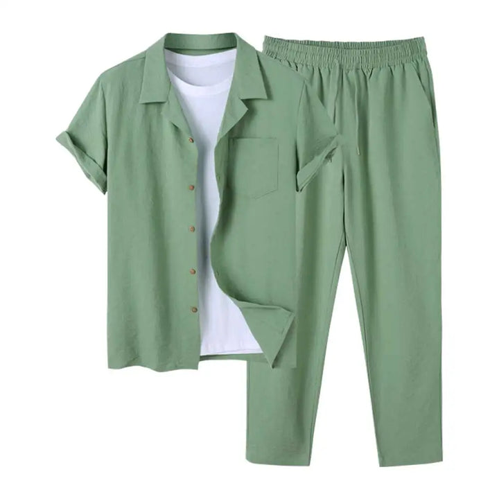 Comfortable men's summer short sleeve shirt & pants two-piece set for casual wear, loungewear, or beach.