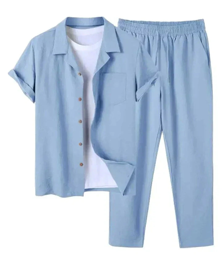 Stylish men's lightweight short sleeve shirt & matching pants set, a two-piece summer casual and resort outfit.