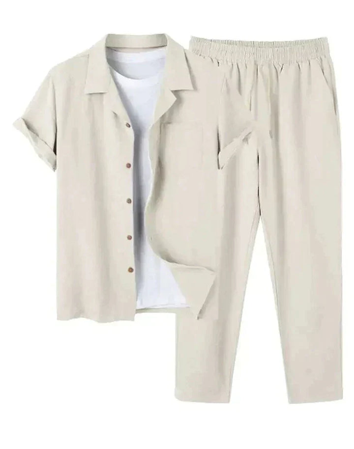 Lightweight men's summer casual short sleeve shirt & pants set, perfect for vacation, beach, and loungewear.