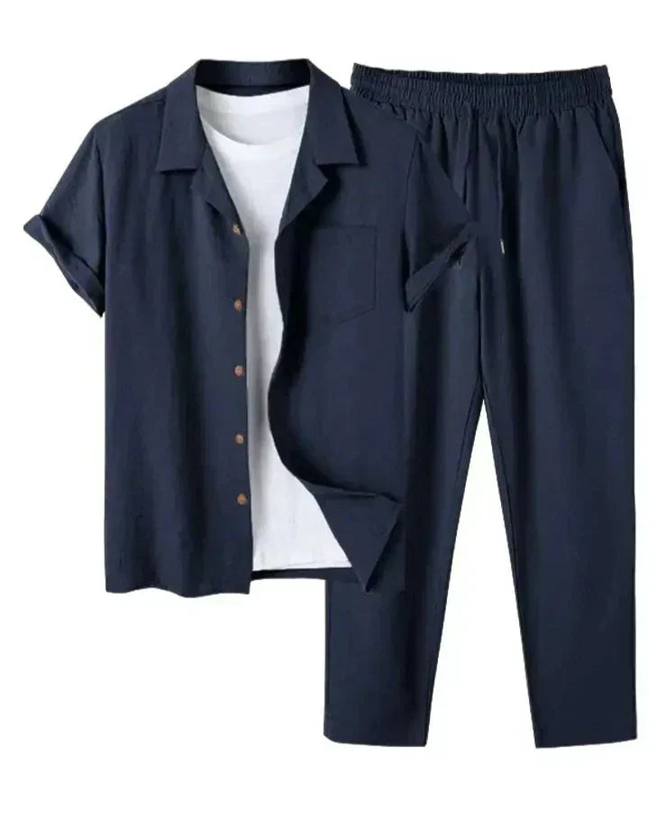 Men's complete summer casual outfit: short sleeve shirt & comfortable pants two-piece set for warm weather.