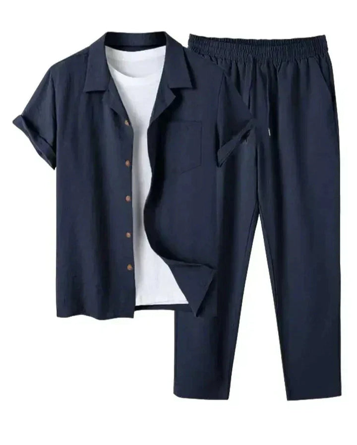 Men's complete summer casual outfit: short sleeve shirt & comfortable pants two-piece set for warm weather.