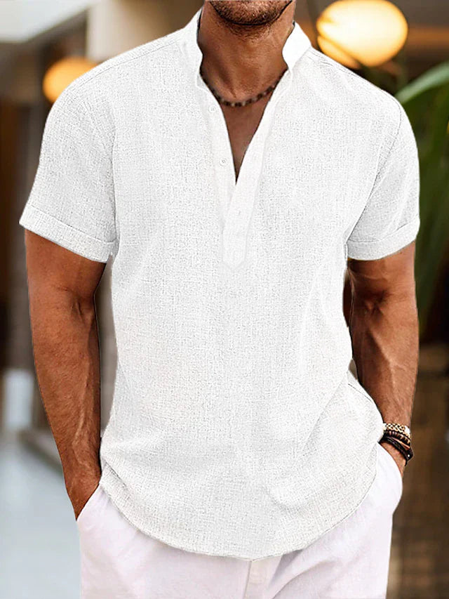 Stylish men's V-neck polo shirt with button placket, short sleeve, regular fit, ideal for casual fashion.