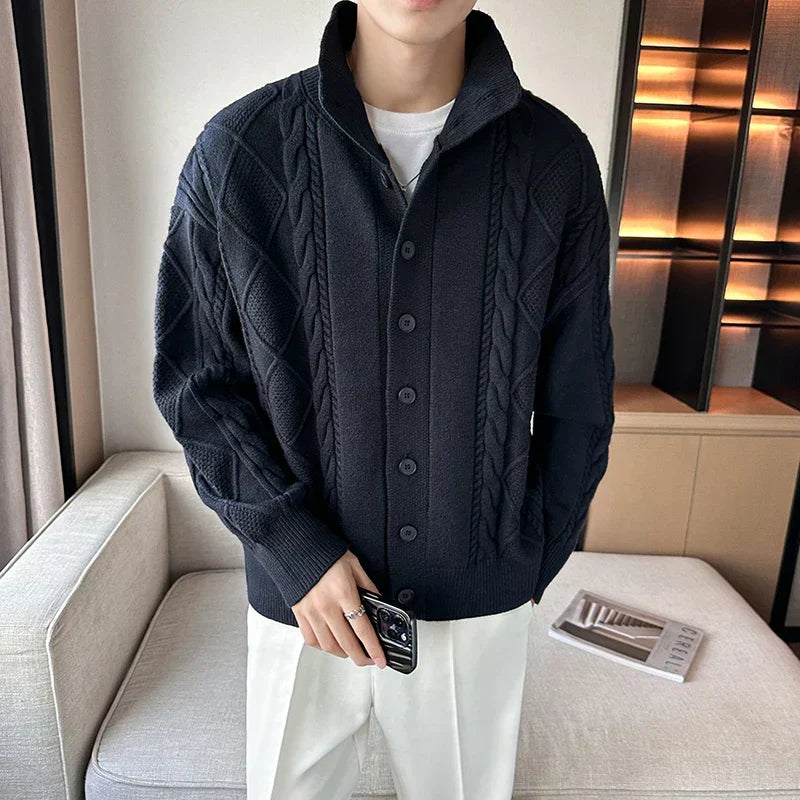 Stylish men's cable knit cardigan sweater in a chunky design, perfect for all-season layering & modern mens fashion.