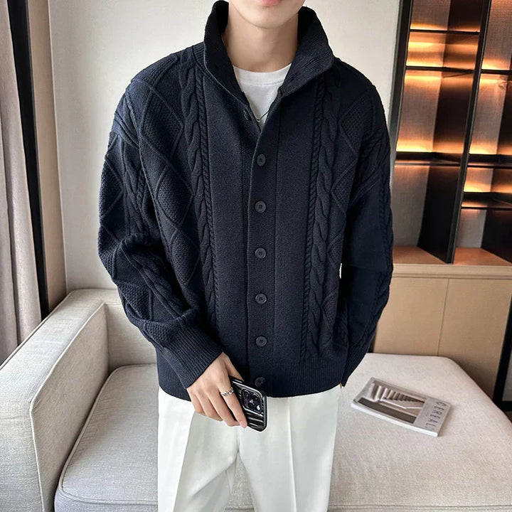 Stylish men's cable knit cardigan sweater in a chunky design, perfect for all-season layering & modern mens fashion.