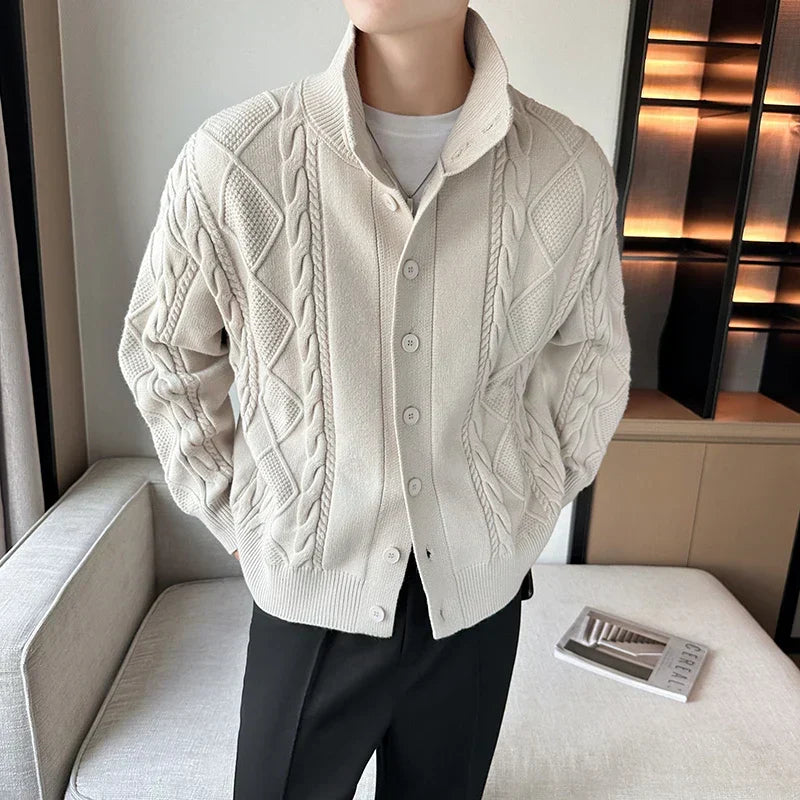 Textured chunky cable knit cardigan for men, featuring a button front; a versatile and warm outerwear layering sweater.