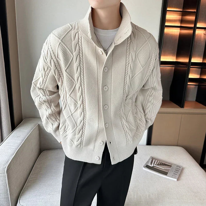 Textured chunky cable knit cardigan for men, featuring a button front; a versatile and warm outerwear layering sweater.