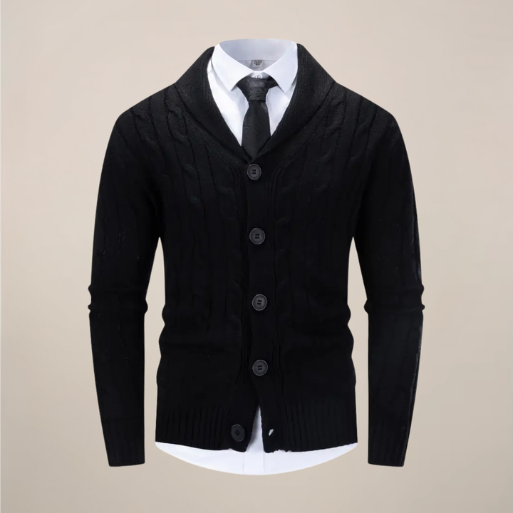 Men's chunky knit button-up cardigan with a stylish shawl collar, perfect for winter and fall fashion.