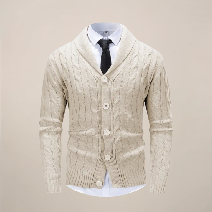 Cozy men's chunky knit shawl collar cardigan, a warm winter sweater ideal for smart casual layering.