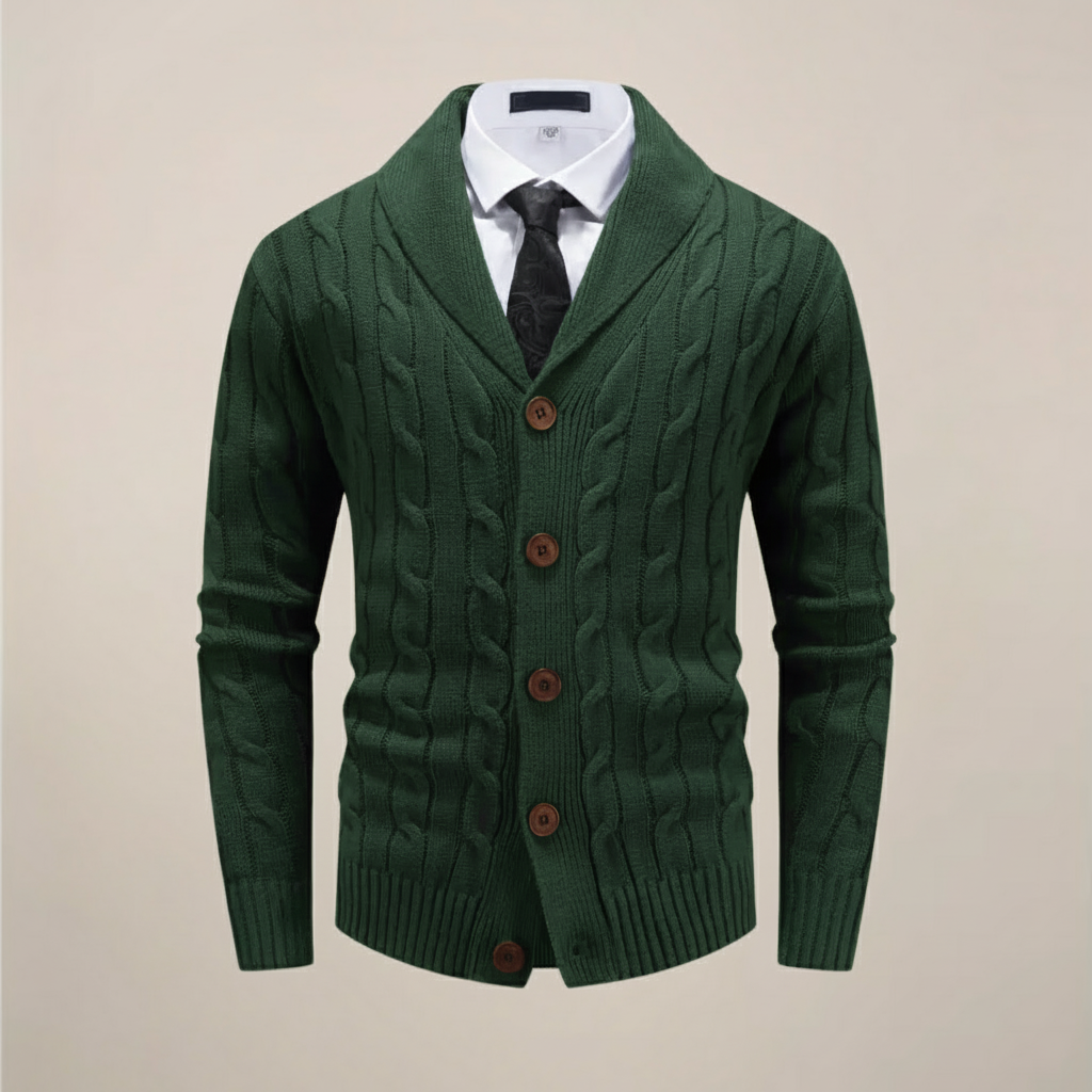 Stylish men's button-up cardigan featuring a thick chunky knit and elegant shawl collar for casual wear.