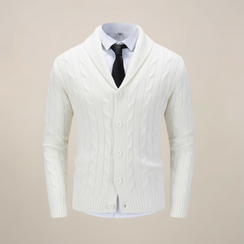 Warm men's chunky knit shawl collar cardigan, a versatile layering piece for fall and winter comfort.
