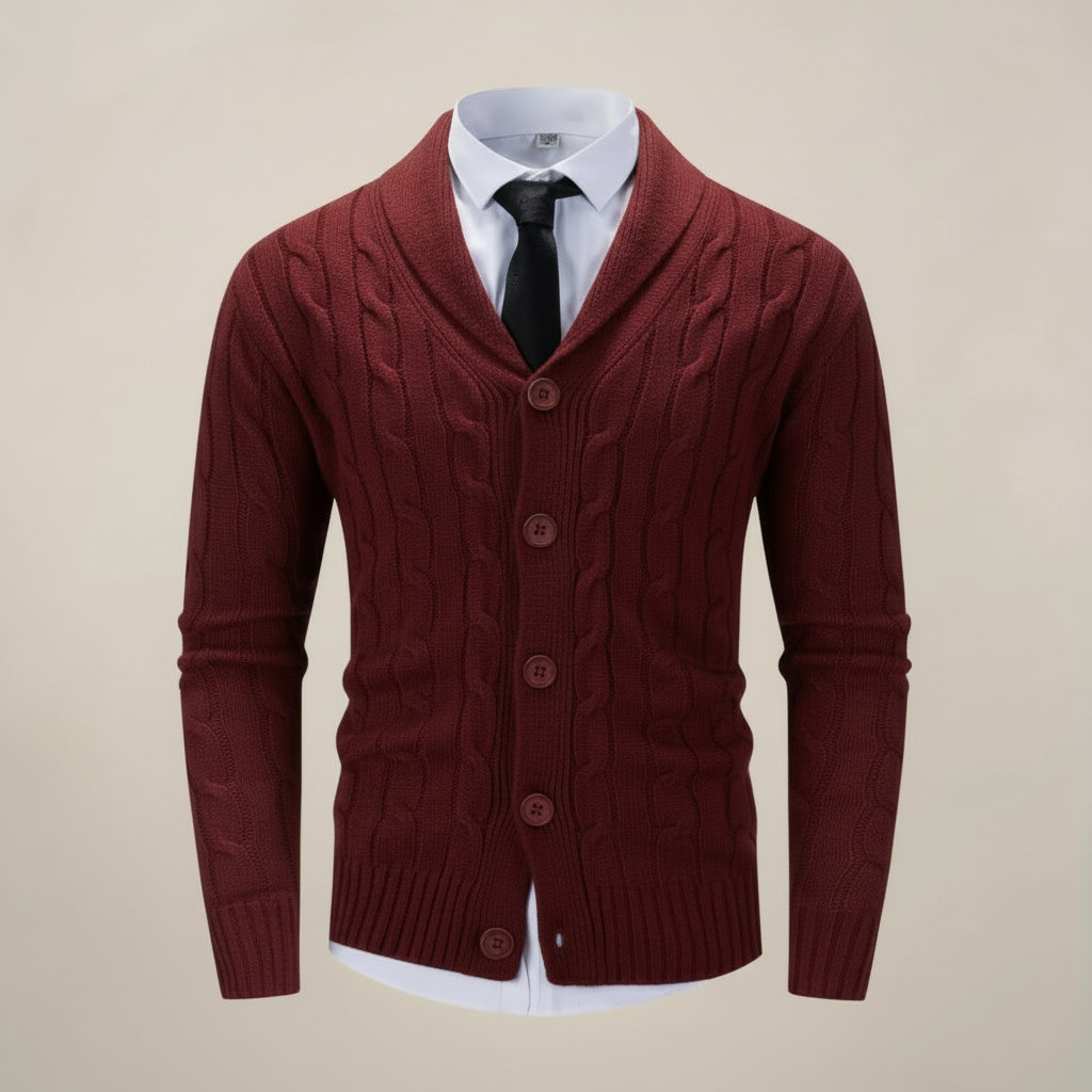 Classic men's chunky knit cardigan with a sophisticated shawl collar, offering cozy style for winter.