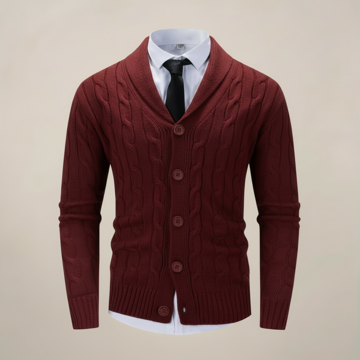 Classic men's chunky knit cardigan with a sophisticated shawl collar, offering cozy style for winter.