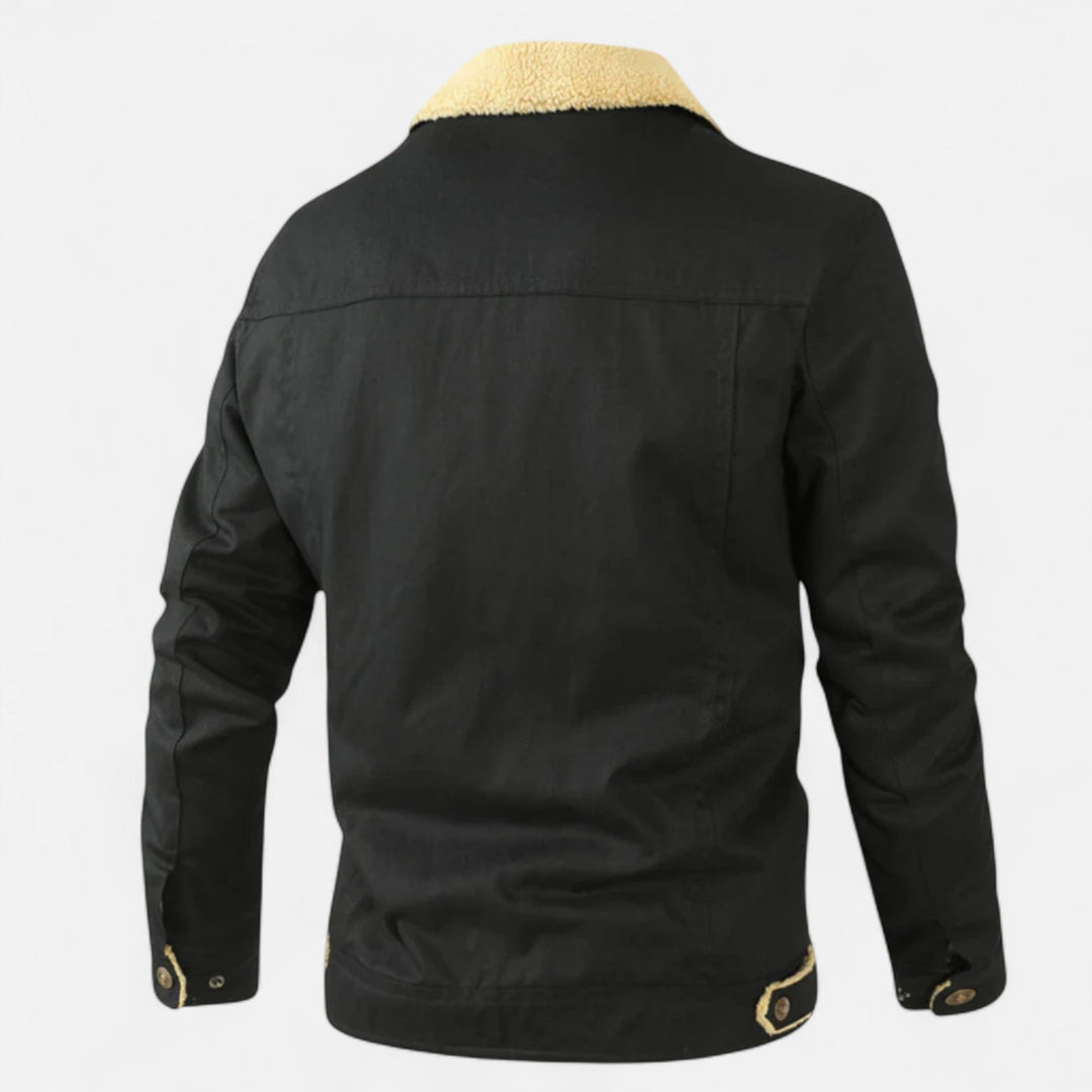 Warm men's bomber jacket, a stylish winter coat with a cozy sherpa collar for fall fashion.