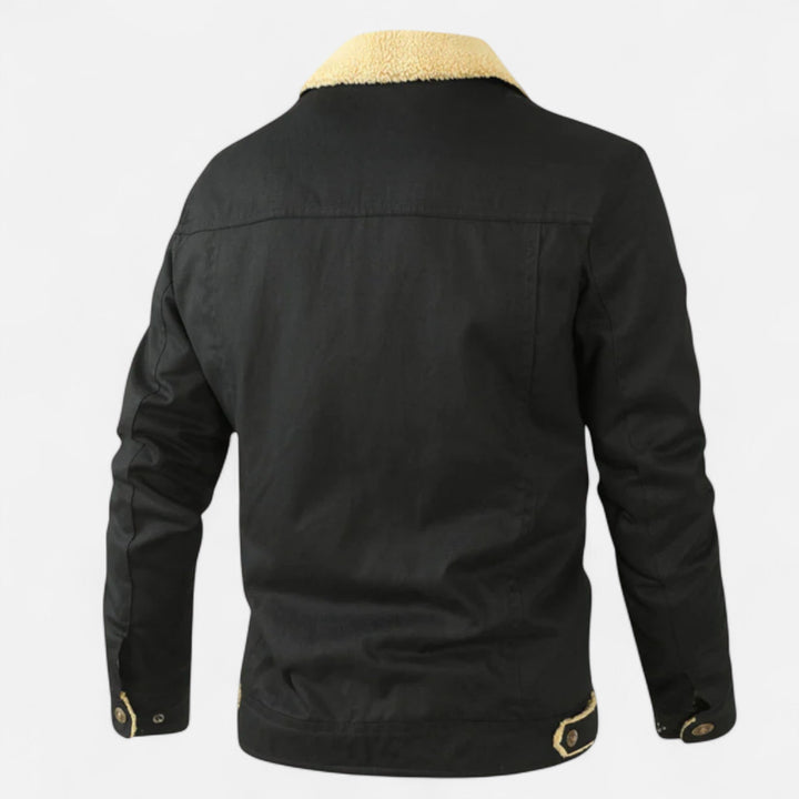 Warm men's bomber jacket, a stylish winter coat with a cozy sherpa collar for fall fashion.