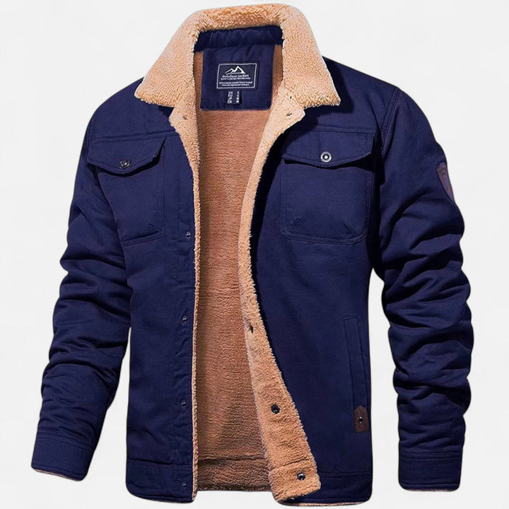 Durable men's aviator winter jacket with a fuzzy sherpa collar, perfect for robust outerwear.